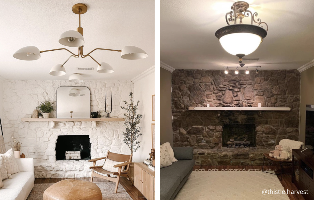 A dark and dreary stone fireplace turns light, bright, and dreamy with Classico Limewash in Bianco White. 