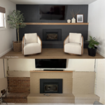 Split screen before and after image of prepainted brick fireplace that has been updated with Romabio MicroGrip Primer and Masonry Flat in a moody, charcoal color, Celtic Stone